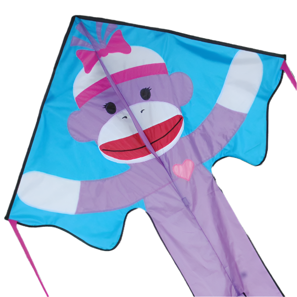 Large Easy Flyer Kite - Girly Sock Monkey with colorful design, perfect for stable flying in winds from 5 to 18 mph.