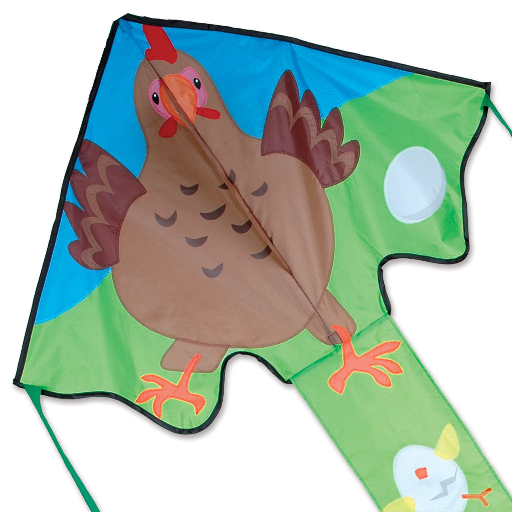 Large Easy Flyer Kite featuring a whimsical hen design, durable nylon fabric, and fiberglass frame, soaring playfully against a blue sky.