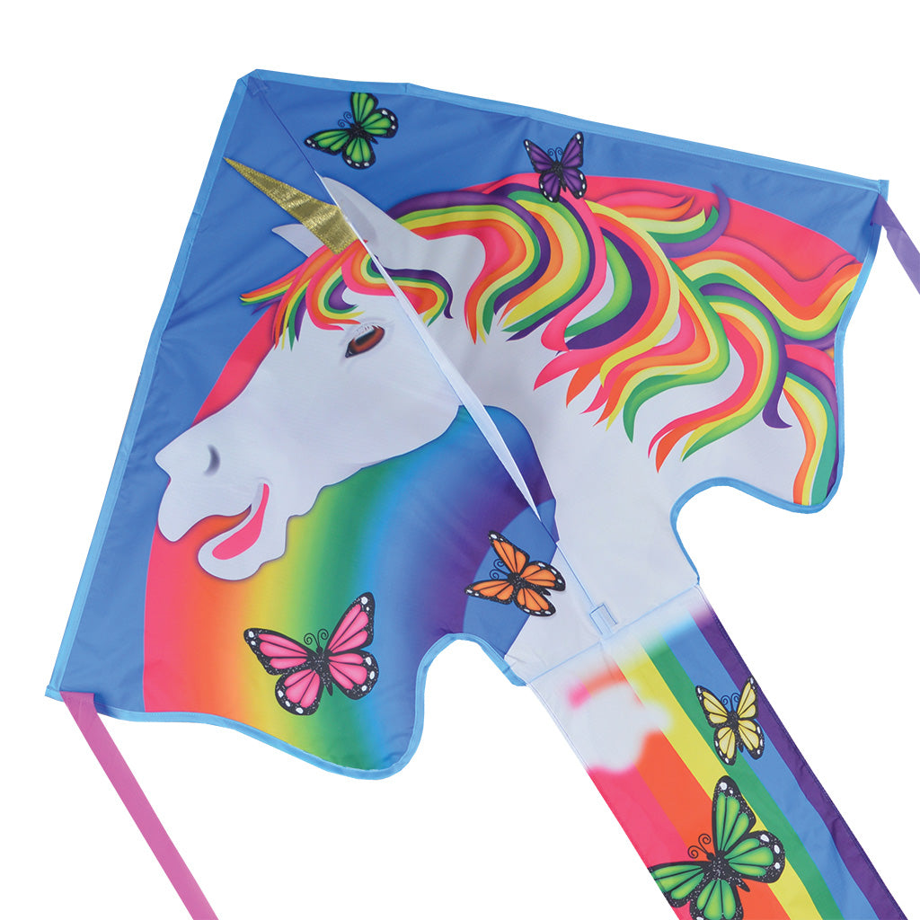 Large Easy Flyer Kite with a magical unicorn design, durable nylon fabric, and fiberglass frame, flying gracefully against a clear blue sky.