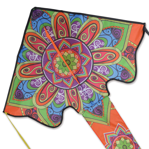 Large Easy Flyer Kite - Mandala with intricate design, perfect for stable flying in winds from 5 to 18 mph.