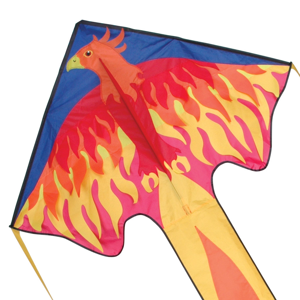 Phoenix design kite with durable nylon and fiberglass, soaring in the sky.