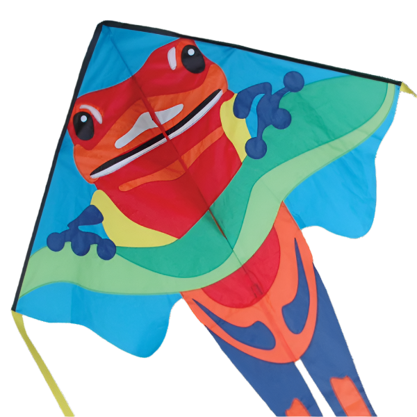 Large Easy Flyer Kite - Poison Dart Frog with vibrant design, perfect for stable flying in winds from 5 to 18 mph.