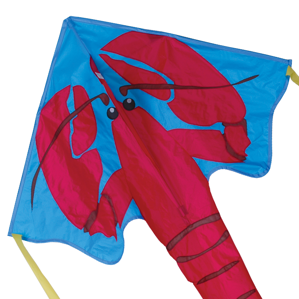 Large Easy Flyer Kite featuring a vibrant red lobster design, durable nylon fabric, and fiberglass frame, flying effortlessly against a blue sky.