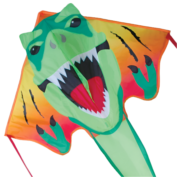 Large Easy Flyer Kite - T-Rex with dynamic design, perfect for stable flying in winds from 5 to 18 mph.
