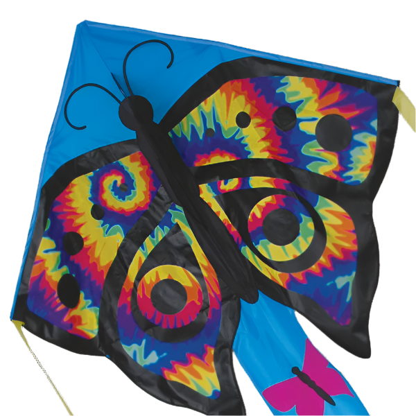 Large Easy Flyer Kite - Tie Dye Butterfly with vibrant design, perfect for stable flying in winds from 5 to 18 mph.