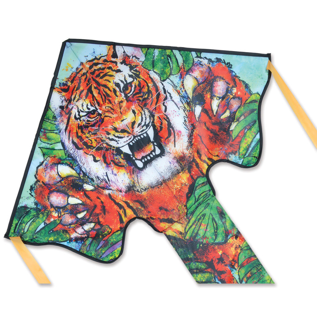 Large Easy Flyer Kite featuring a bold tiger design, durable nylon fabric, and fiberglass frame, soaring beautifully against a clear blue sky.