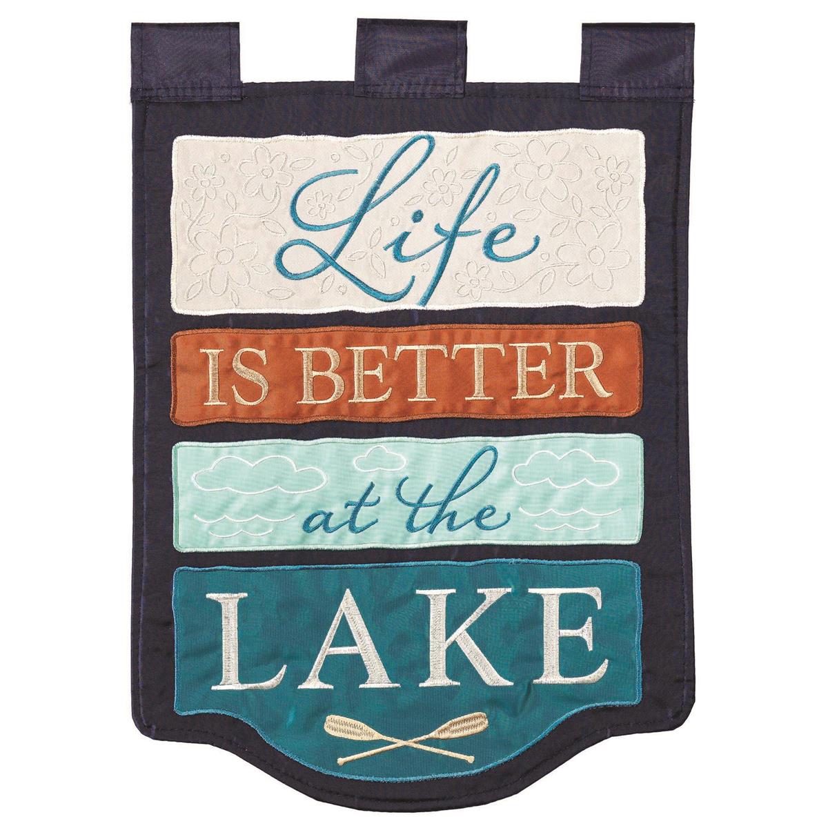 Life Is Better at the Lake 29x42 Flag featuring double applique design, durable polyester, and vibrant embroidery for lakeside outdoor décor.