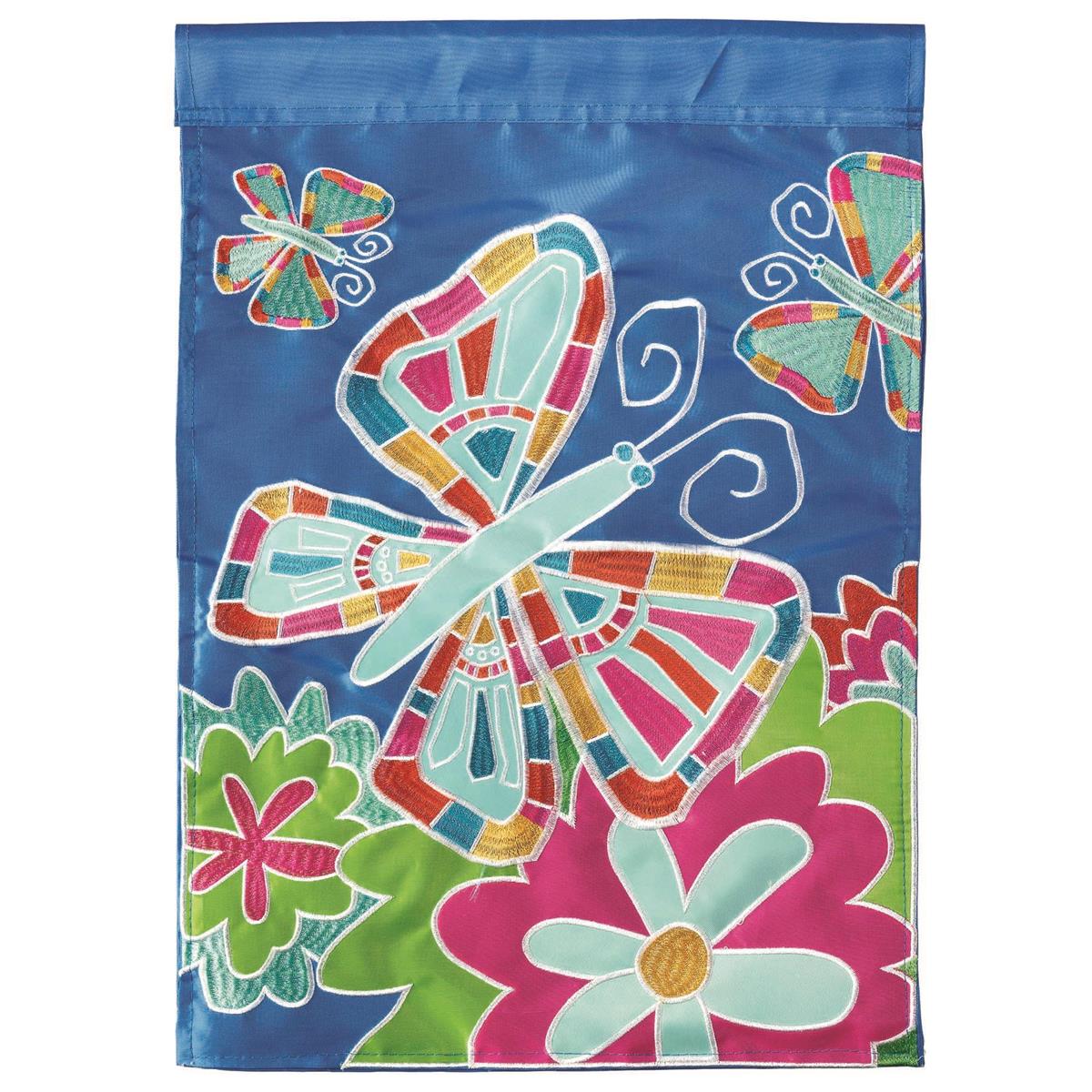 Mosaic Butterfly Polyester 29x42 Flag featuring double applique design, durable polyester, and vibrant embroidery for colorful outdoor décor.