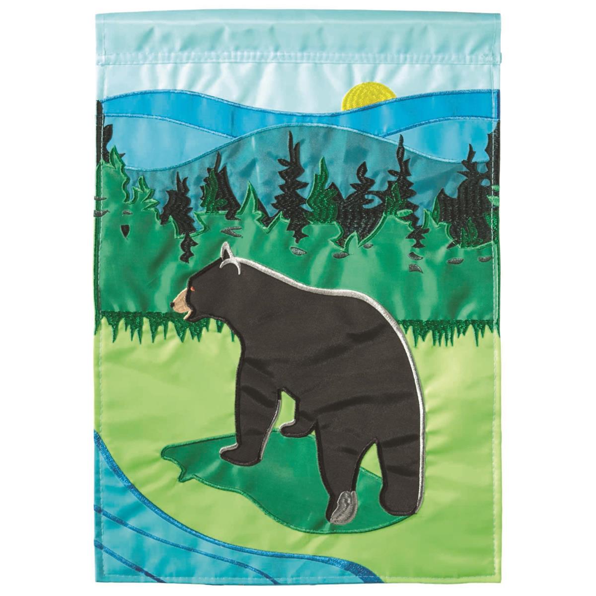 Mountain Bear Creek 29x42 Flag featuring double applique design, durable polyester, and vibrant embroidery for nature-inspired outdoor décor.