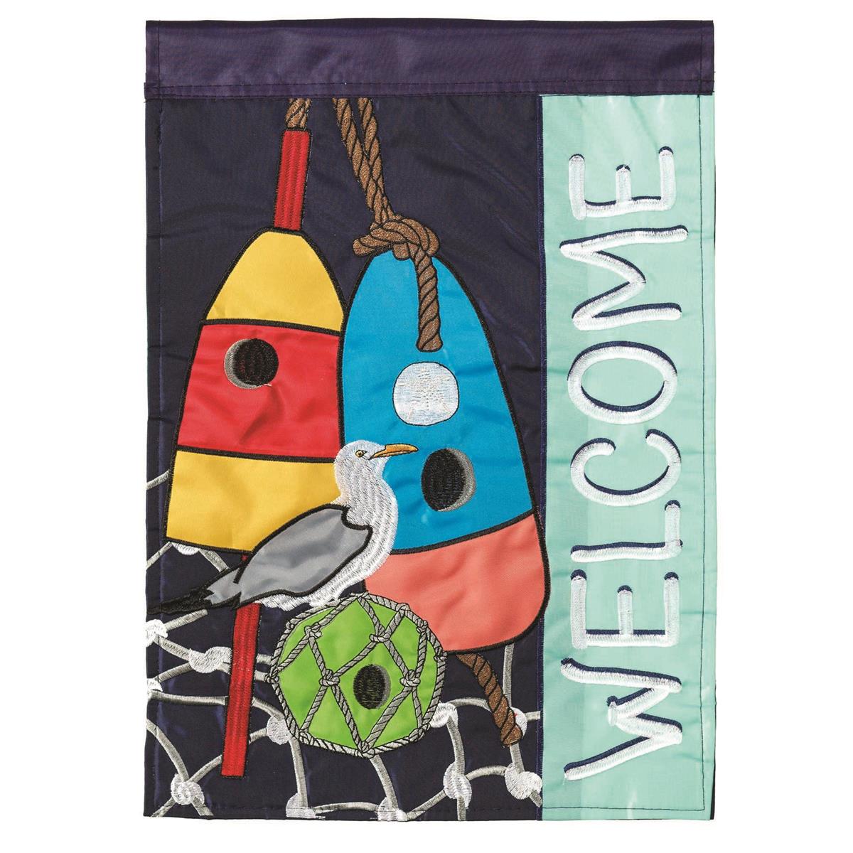 Nautical Birdhouses 29x42 Flag featuring double applique design, durable polyester, and vibrant embroidery for coastal outdoor décor.