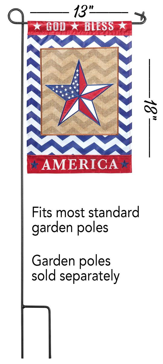 God Bless America Star 13x18 garden flag displayed on a decorative stand, showcasing its bold design and durable weatherproof polyester.