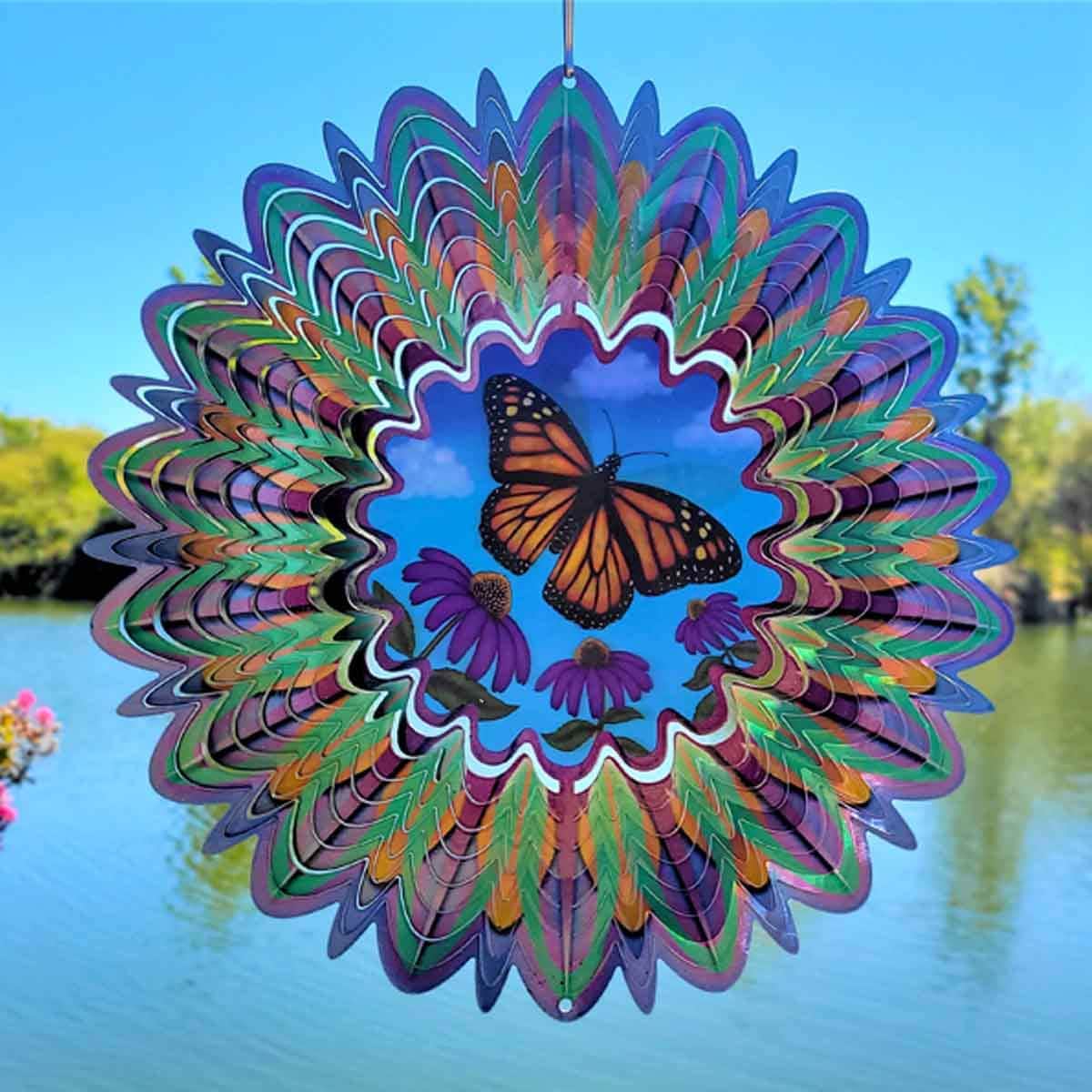 12" Animated Butterfly Wind Spinner with an acrylic lenticular disc, durable stainless steel construction, and dynamic butterfly design for outdoor décor.