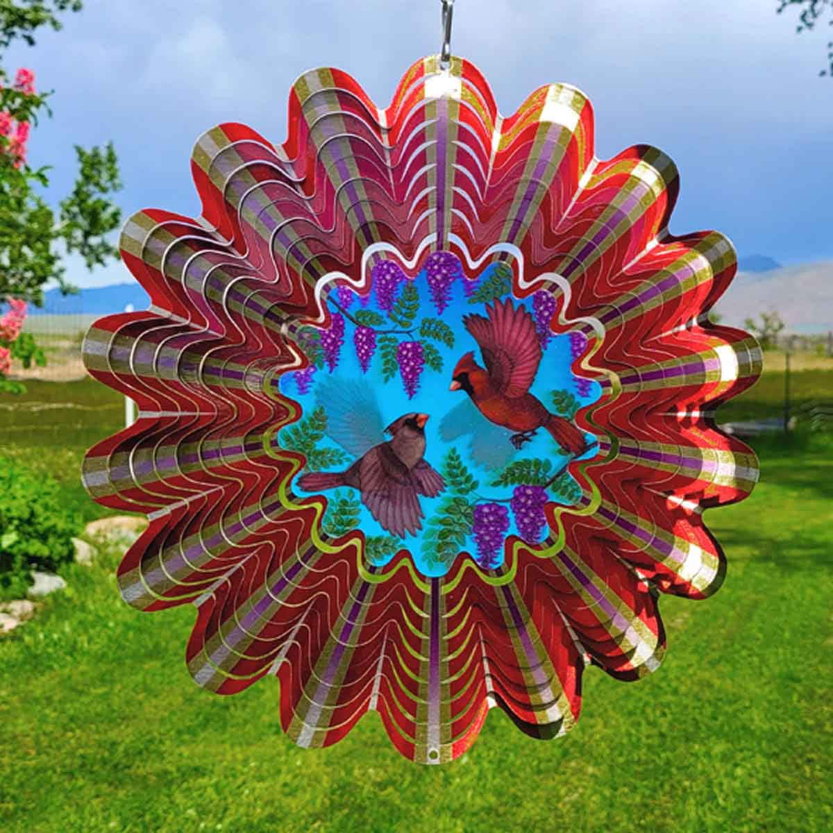 12" Animated Cardinals Wind Spinner with an acrylic lenticular disc, powder-coated stainless steel, and dynamic cardinal design for outdoor décor.