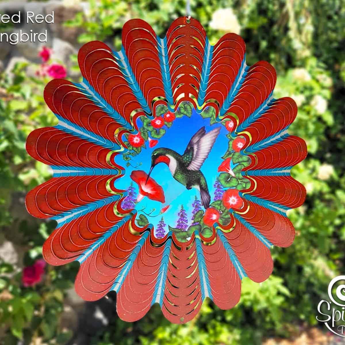 12" Animated Red Hummingbird Wind Spinner with an acrylic lenticular disc, powder-coated stainless steel, and flying hummingbird design for outdoor décor.