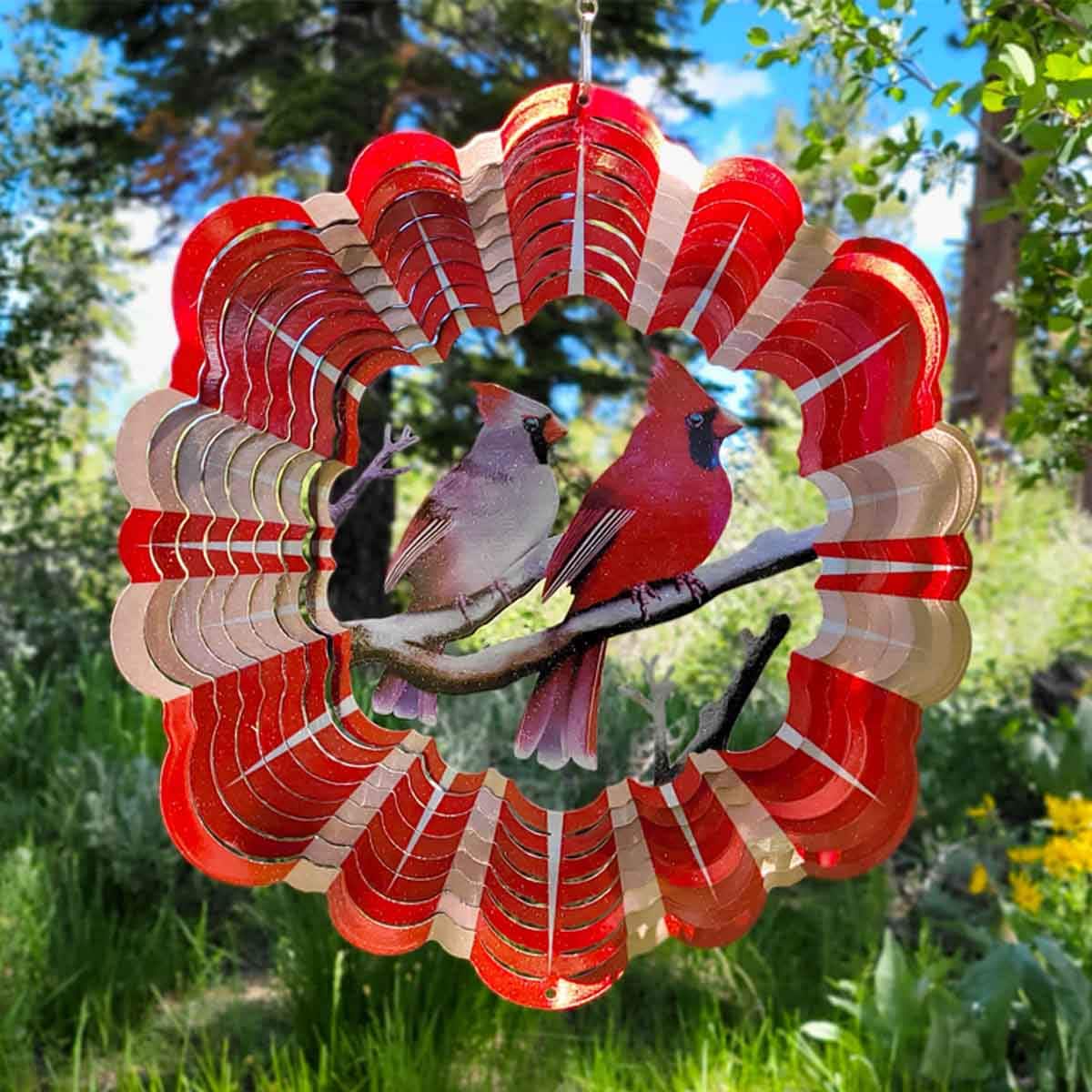 Outdoor 12" Cardinal Wind Spinner made from powder-coated stainless steel, featuring a vibrant cardinal design and dynamic motion for outdoor décor.