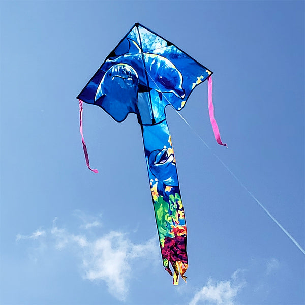 Large Easy Flyer Kite - Dolphin with vibrant design, perfect for stable flying in winds from 5 to 18 mph.