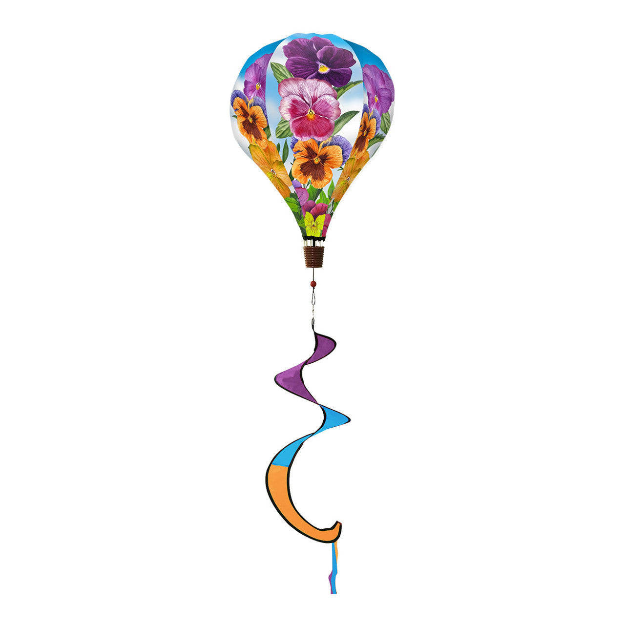 Hot air balloon spinner with vibrant pansy flowers, weather-resistant polyester, and breezy tail for elegant floral-themed spring and summer garden décor.