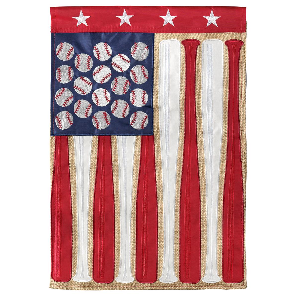 Patriotic Baseball 29x42 Flag featuring double applique design, durable polyester, and vibrant embroidery for sporty outdoor décor.