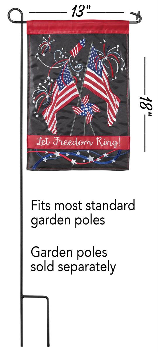 Patriotic Let Freedom Ring 13x18 garden flag displayed on a decorative stand, showcasing its bold design and durable weatherproof polyester.