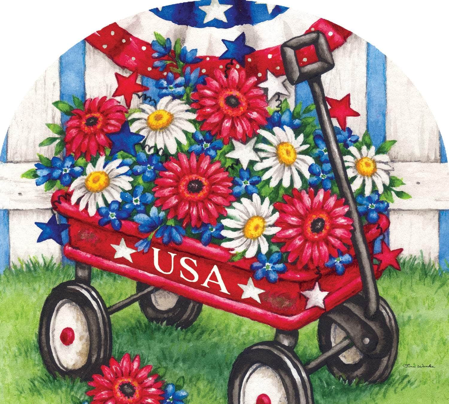 Patriotic Wagon-Arbor Mate panel featuring a red wagon with flags and stars, crafted from durable PVC to bring timeless patriotic charm to your outdoor decor.