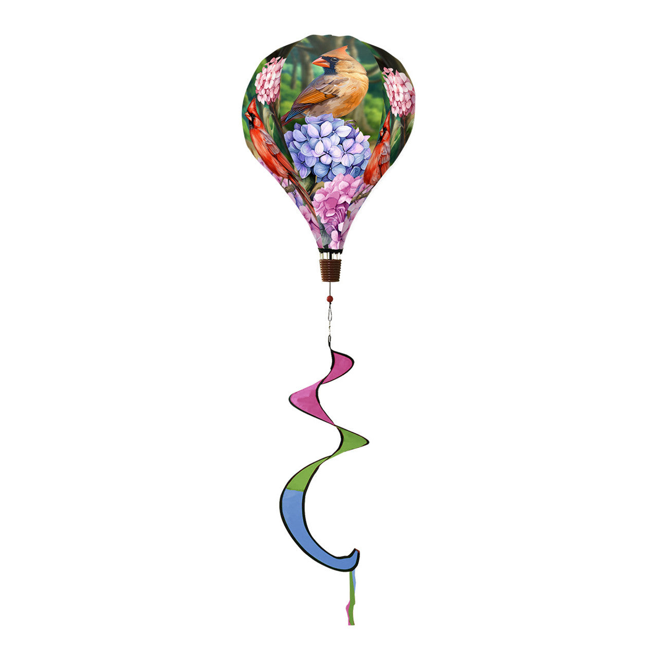 Hot air balloon spinner with vibrant red cardinals and wintry background, crafted from weather-resistant polyester for graceful outdoor seasonal decoration.