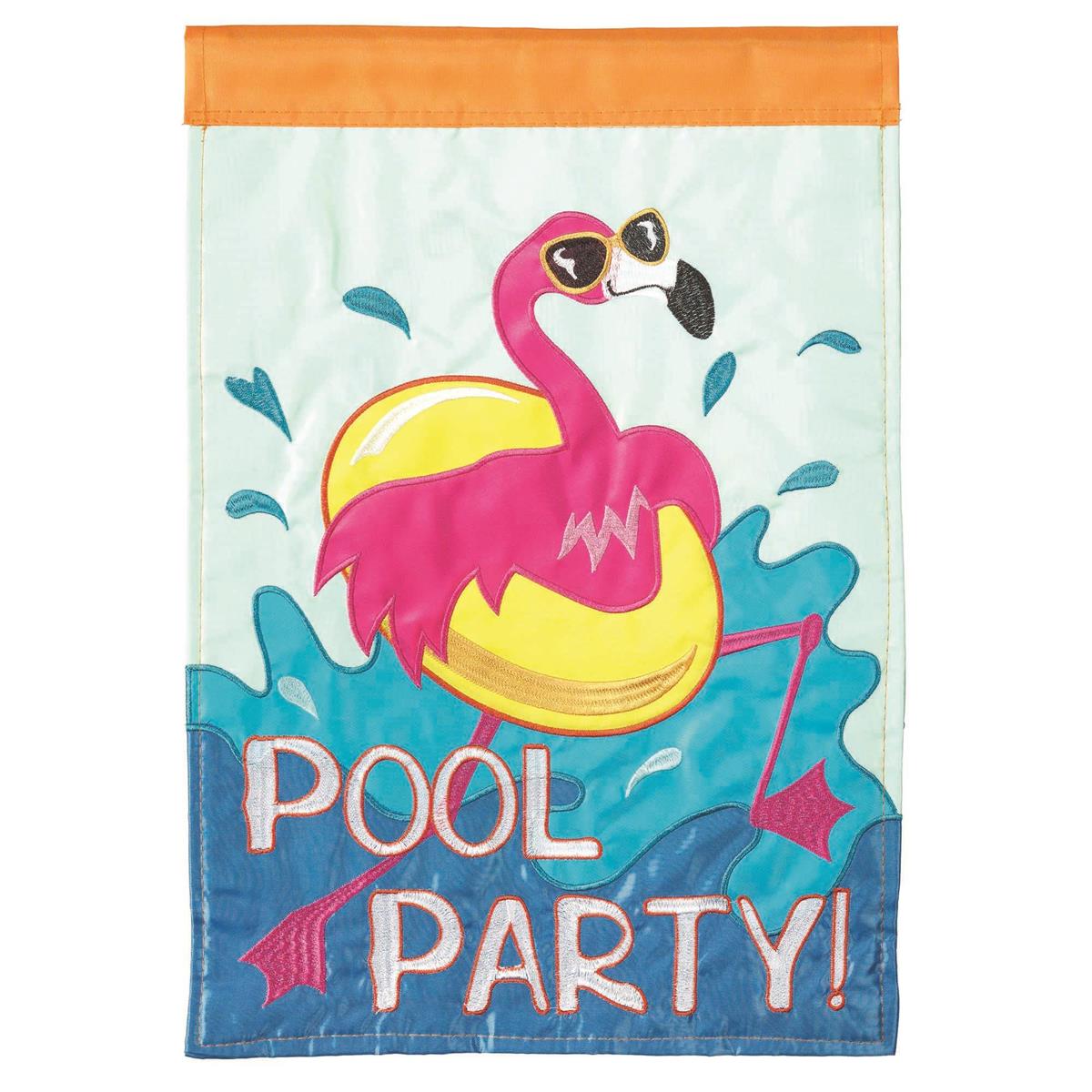 Pool Party 29x42 Flag featuring double applique design, durable polyester, and vibrant embroidery for fun summer outdoor décor.