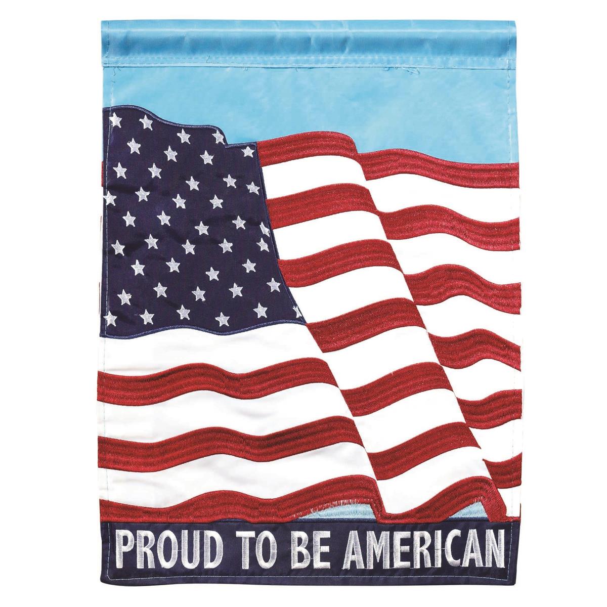Proud To Be American 29x42 Flag featuring double applique design, durable polyester, and vibrant embroidery for lasting patriotic outdoor décor.