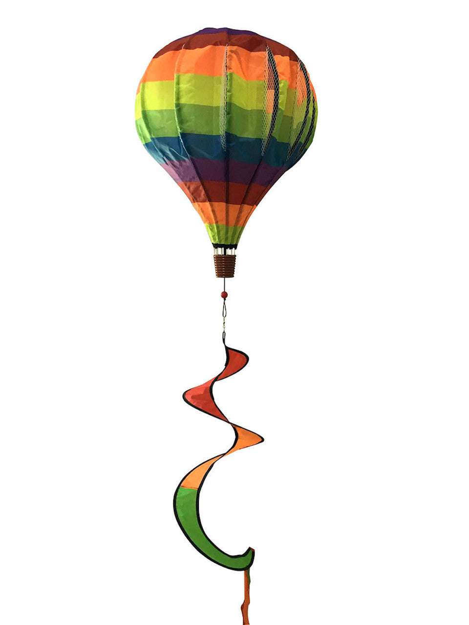 Colorful rainbow hot air balloon spinner with weather-resistant polyester and swirling motion, perfect for brightening up gardens, porches, and patios.