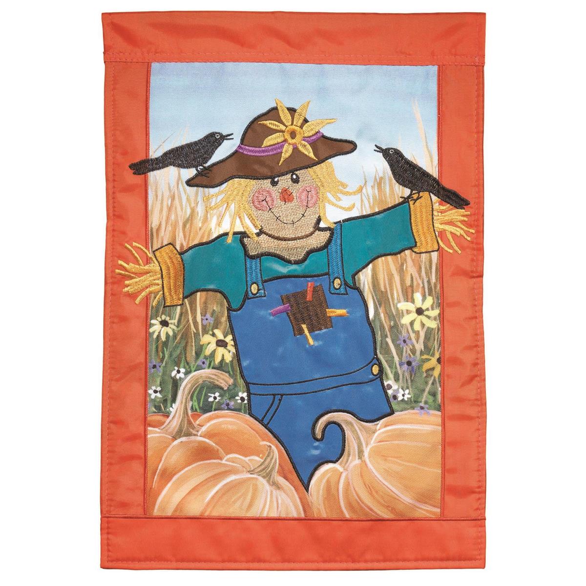 Scarecrow Pumpkins Burlap 29x42 Flag featuring double applique design, durable polyester, and vibrant embroidery for rustic fall outdoor décor.
