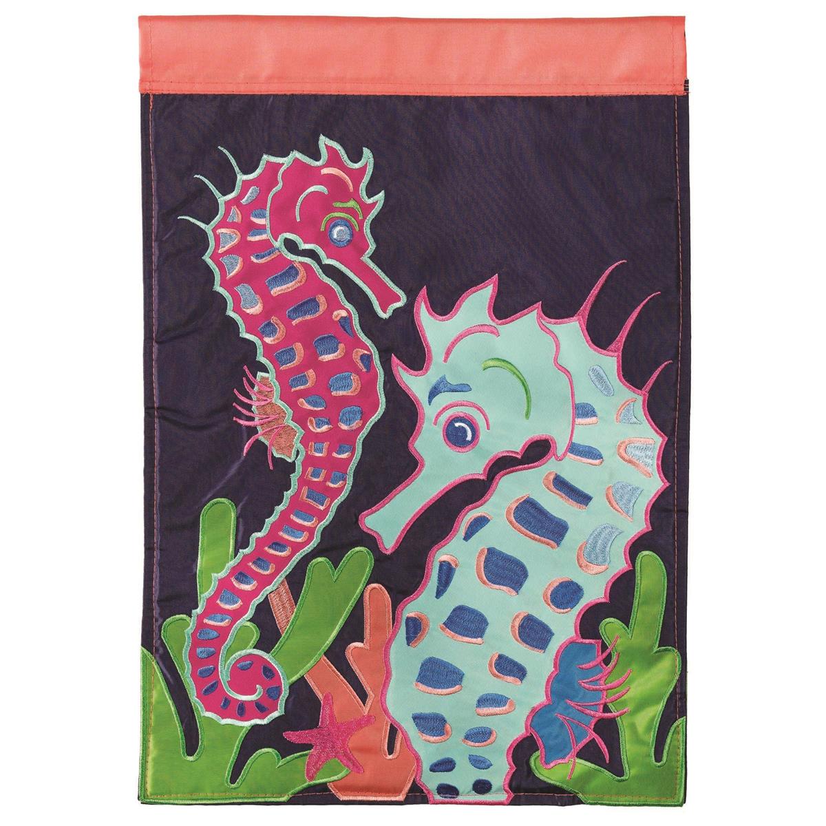 Seahorse 29x42 Flag featuring double applique design, durable polyester, and vibrant embroidery for coastal-inspired outdoor décor.