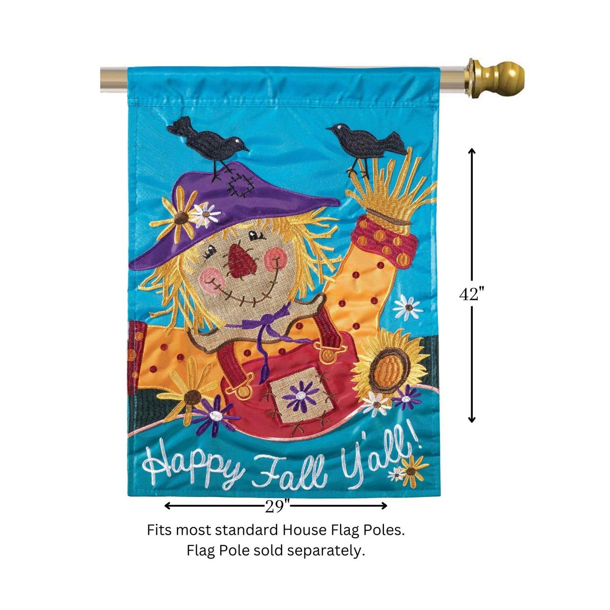 Flag Happy Fall Y'all 29x42 featuring double applique design, durable polyester, and vibrant embroidery for welcoming fall outdoor décor.