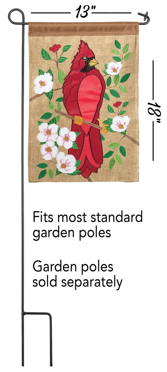 Flag Cardinal Burlap Polyester 13x18 featuring double applique design, durable 300-denier polyester, and vibrant embroidery for refined outdoor décor.