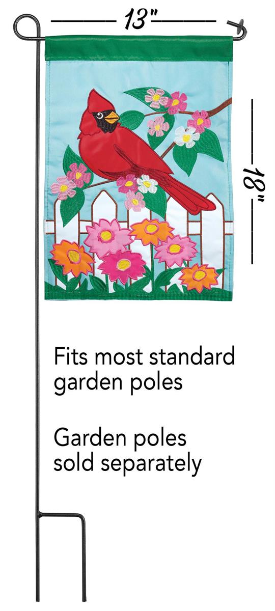 Flag Cardinal Polyester 13x18 featuring double applique design, durable 300-denier polyester, and vibrant embroidery for timeless outdoor décor.