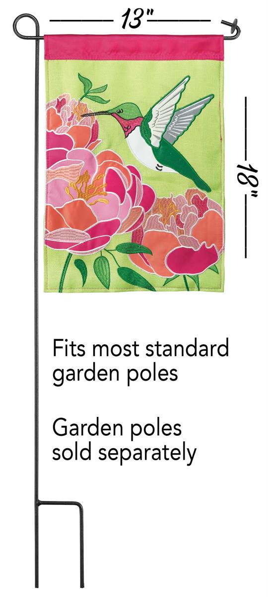 Flag Hummingbird Burlap 13x18 featuring double applique design, durable 300-denier polyester, and vibrant embroidery for elegant outdoor décor.