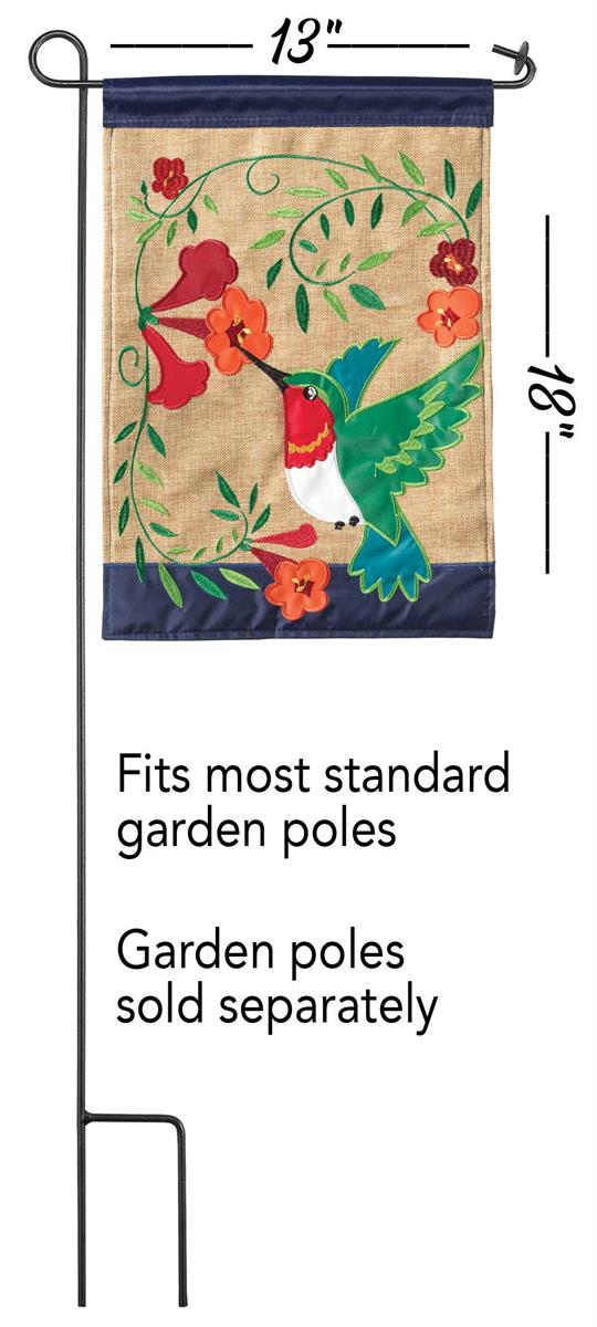 Flag Hummingbird Burlap Polyester 13x18 featuring double applique design, durable 300-denier polyester, and vibrant embroidery for outdoor charm.