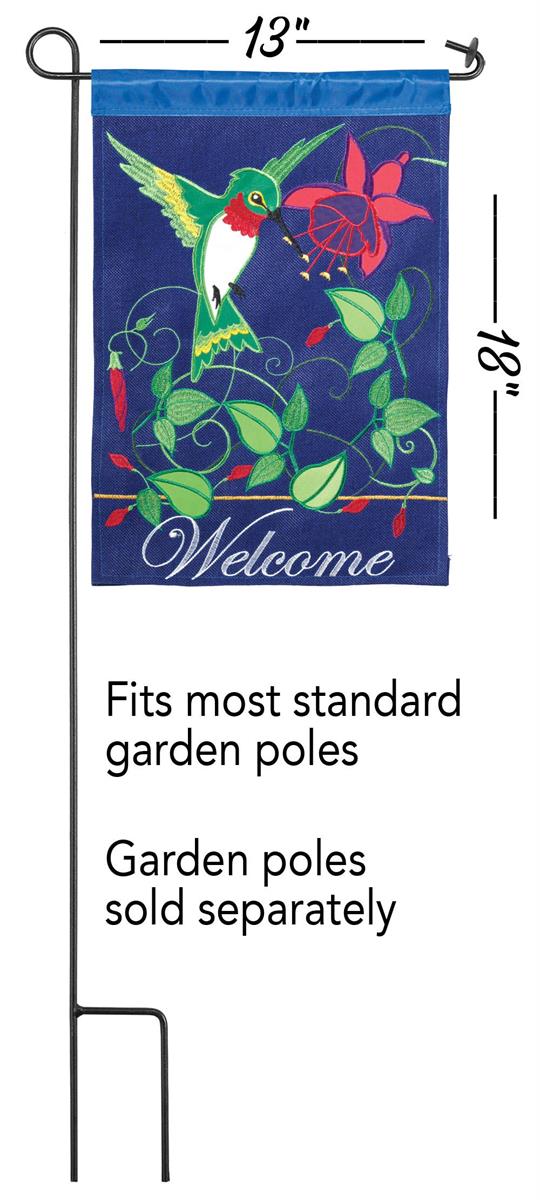Flag Visitor Welcome Polyester 13x18 featuring double applique design, durable 300-denier polyester, and vibrant hummingbird embroidery for outdoor charm.