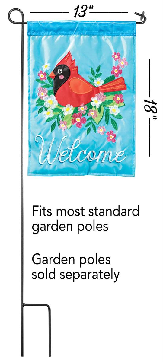 Flag Welcome Cardinal 13x18 featuring double applique design, durable 300-denier polyester, and vibrant embroidery for elegant outdoor décor.