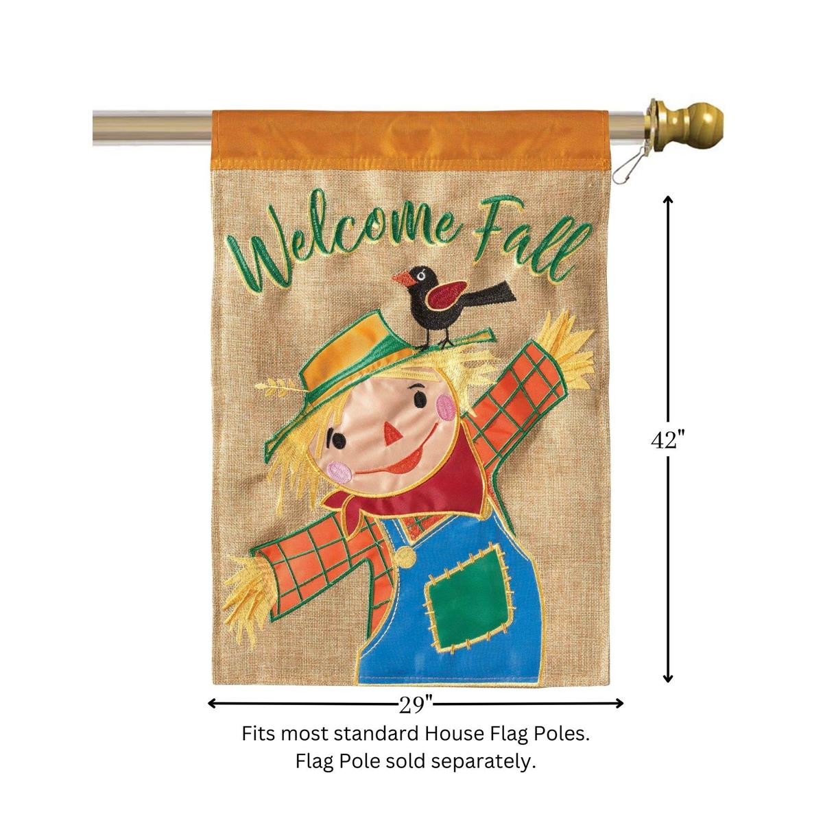 Welcome Fall Scarecrow 29x42 Flag featuring double applique design, durable polyester, and vibrant embroidery for rustic autumn outdoor décor.