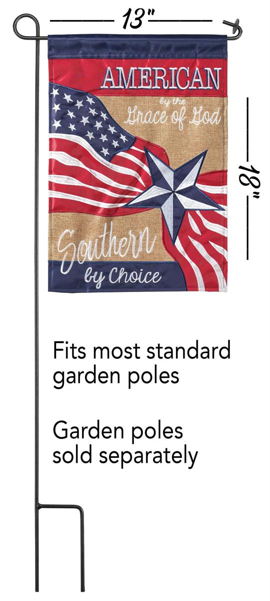Southern By Choice 13x18 burlap garden flag displayed on a stand, showcasing its rustic design and durable, weatherproof fabric perfect for outdoor Southern decor.