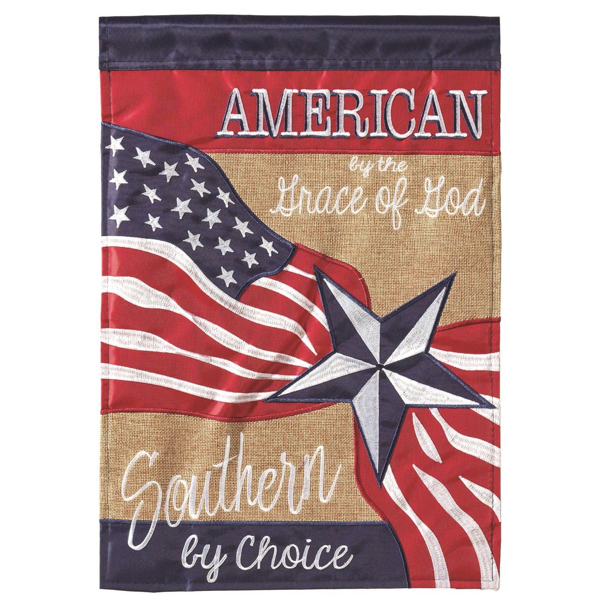 Southern By Choice 13x18 burlap garden flag with rustic design, featuring durable fabric and double-sided printing for outdoor use.