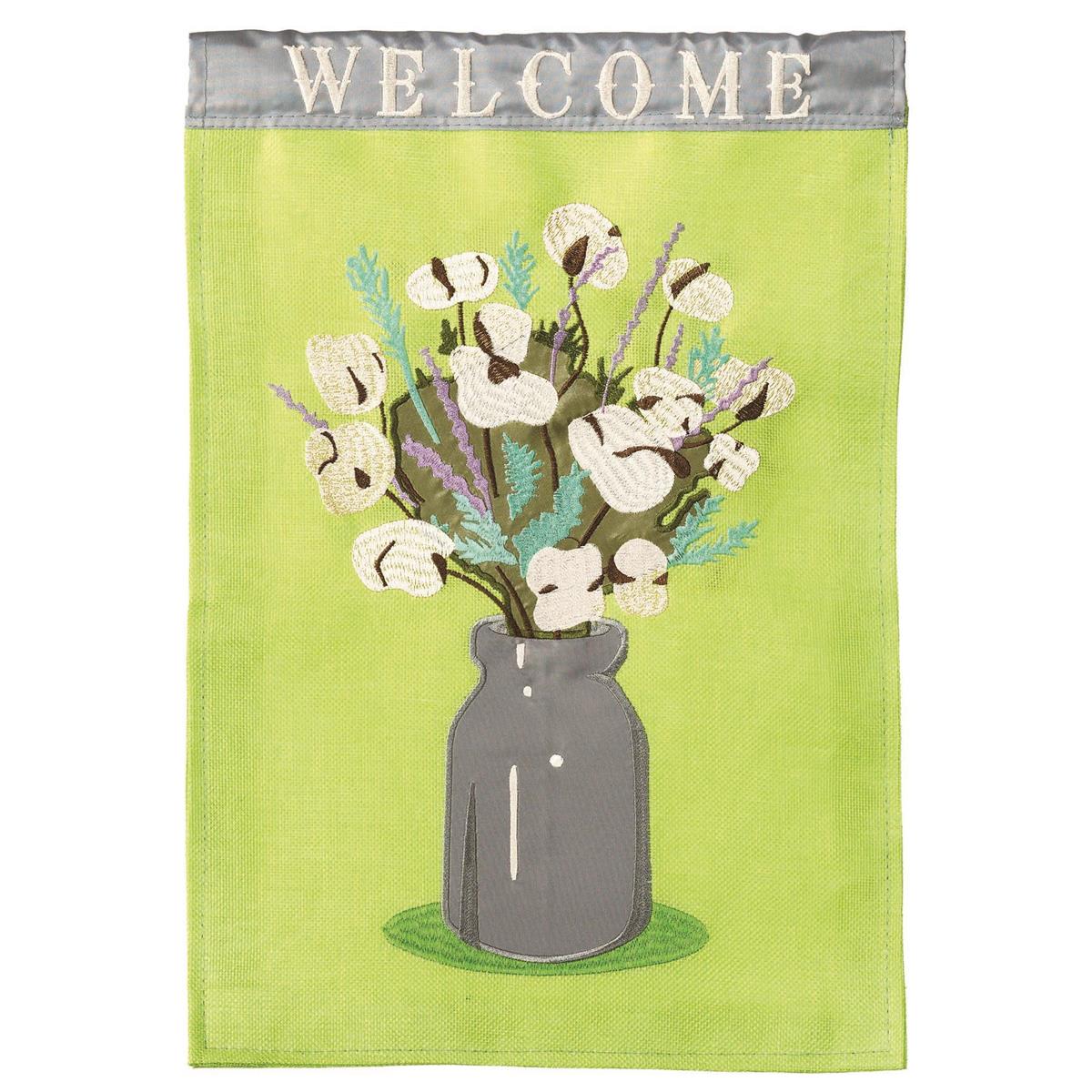 Southern Cotton Welcome 29x42 Flag featuring double applique design, durable polyester, and vibrant embroidery for rustic southern outdoor décor.