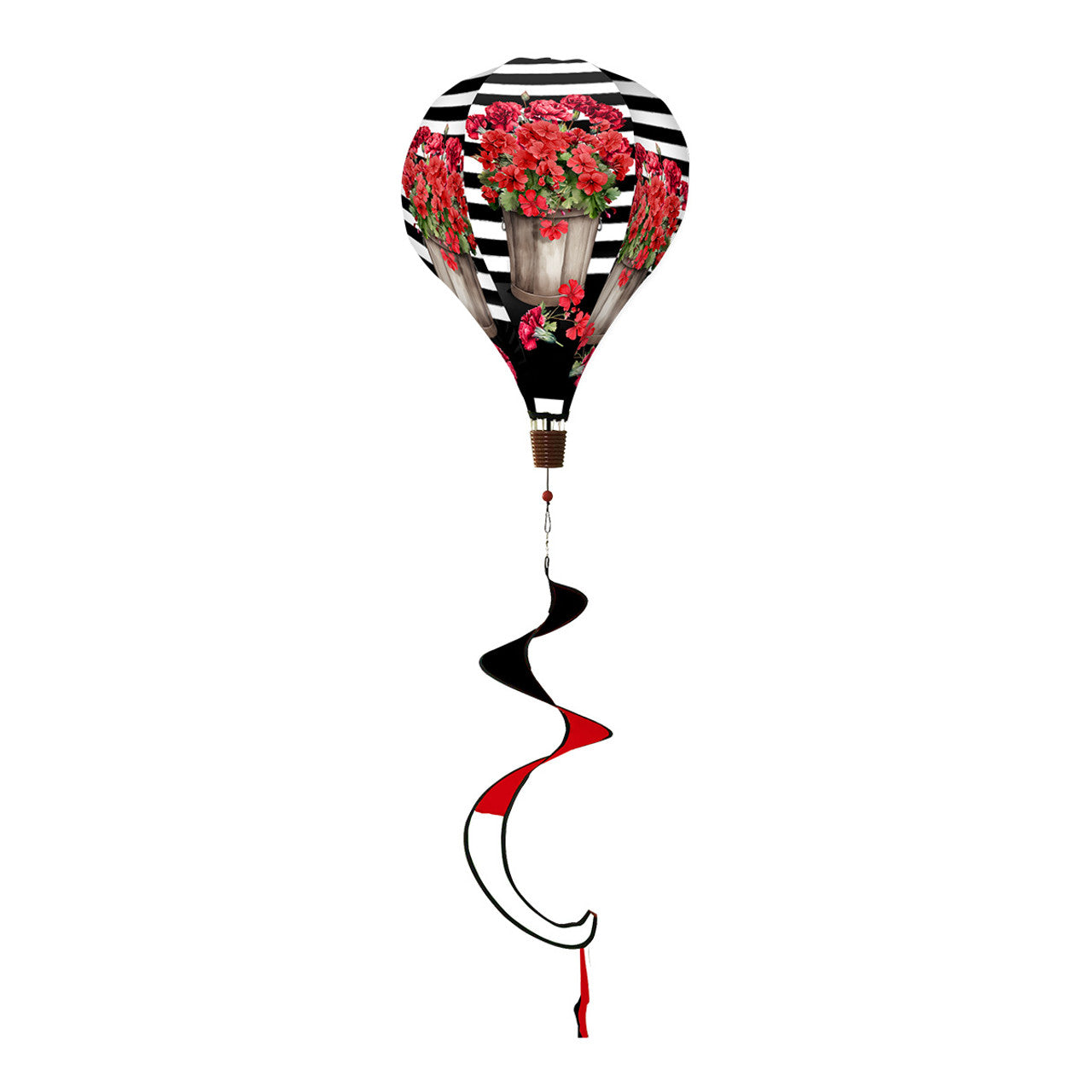Floral hot air balloon spinner with red geraniums, striped design, and weather-resistant polyester for bright, spinning outdoor spring and summer décor.