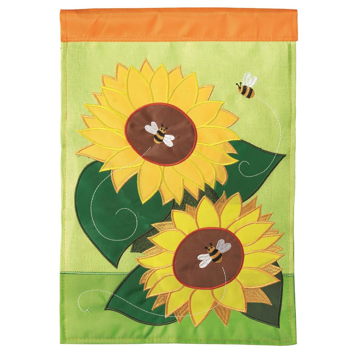 Sunflowers & Bees Burlap 29x42 Flag featuring double applique design, durable polyester, and vibrant embroidery for nature-inspired outdoor décor.
