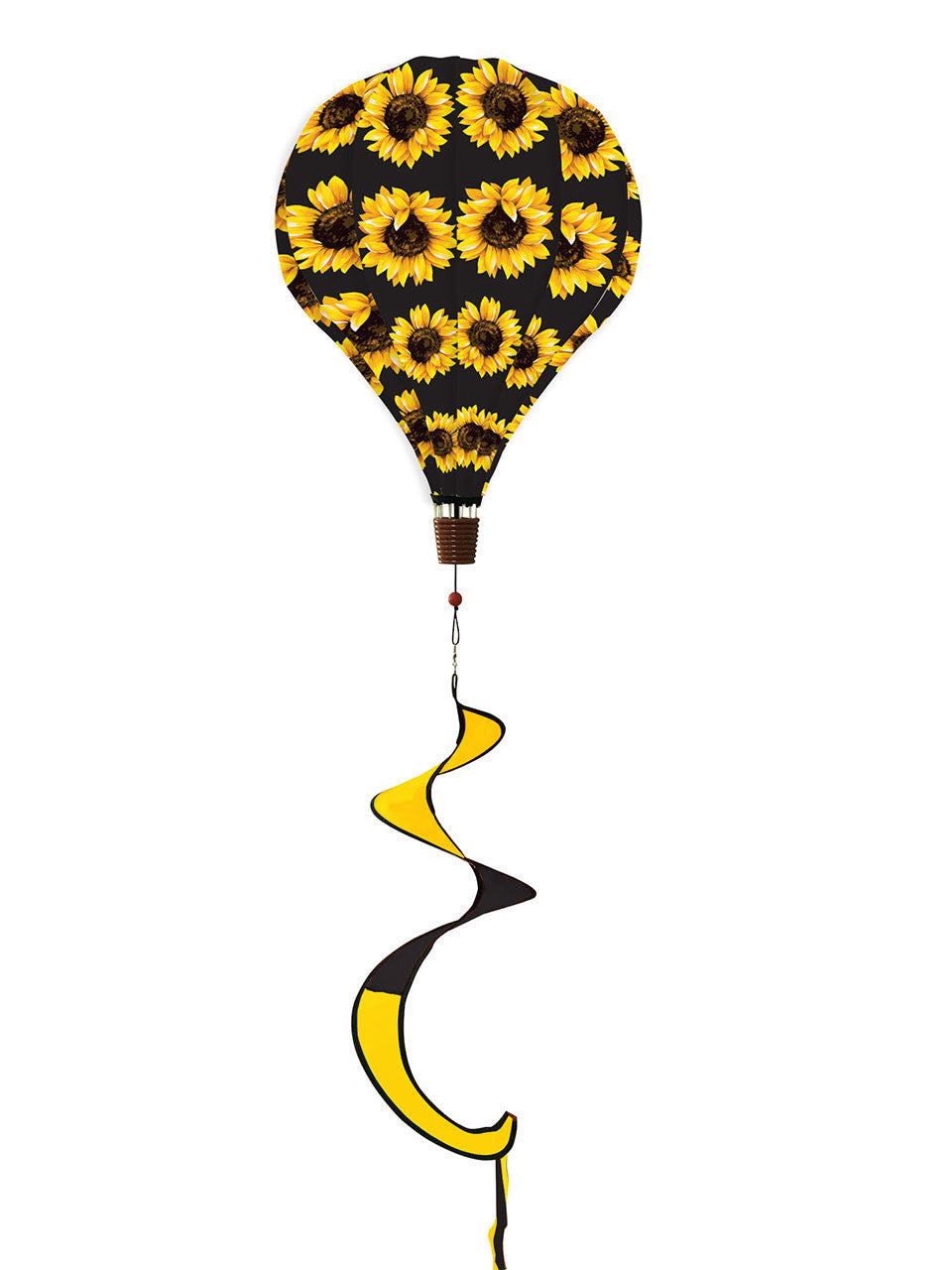 Sunflower-themed hot air balloon spinner with bright yellow petals, weather-resistant fabric, and flowing tail for cheerful outdoor seasonal decoration.