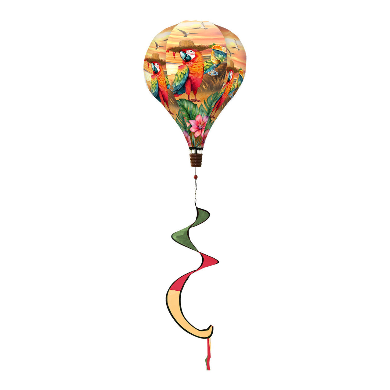 Tropical hot air balloon spinner with sunset parrot design, vibrant colors, and durable spinning tail for bold and breezy outdoor garden or patio décor.