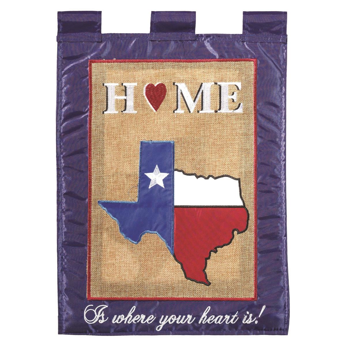 Texas Home 29x42 Flag featuring double applique design, durable polyester, and vibrant embroidery for Texas pride outdoor décor.