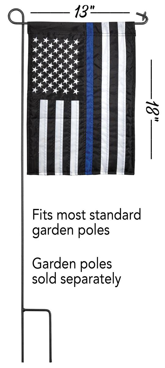 Thin Blue Line 13x18 garden flag displayed on a decorative stand, showcasing its powerful design and durable weatherproof polyester.