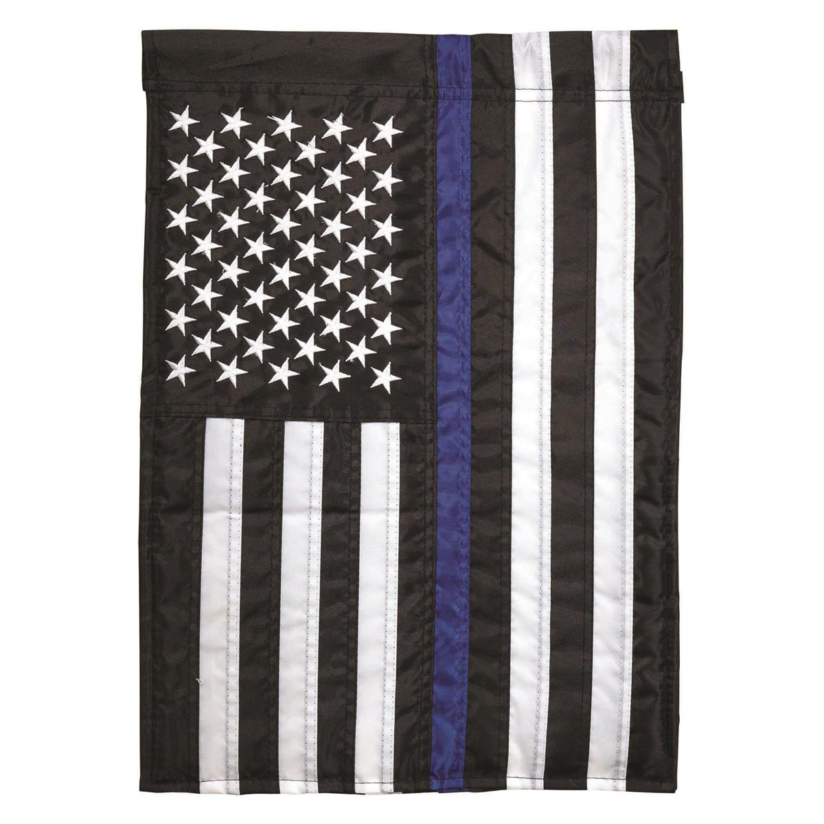 Thin Blue Line 13x18 garden flag with bold blue stripe against black-and-white design, crafted from weatherproof polyester for outdoor display.
