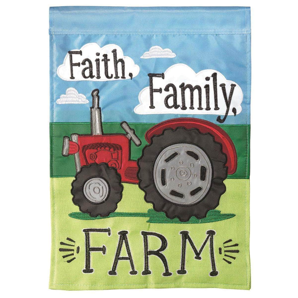Tractor Faith Family 29x42 Flag featuring double applique design, durable polyester, and vibrant embroidery for rustic outdoor décor.
