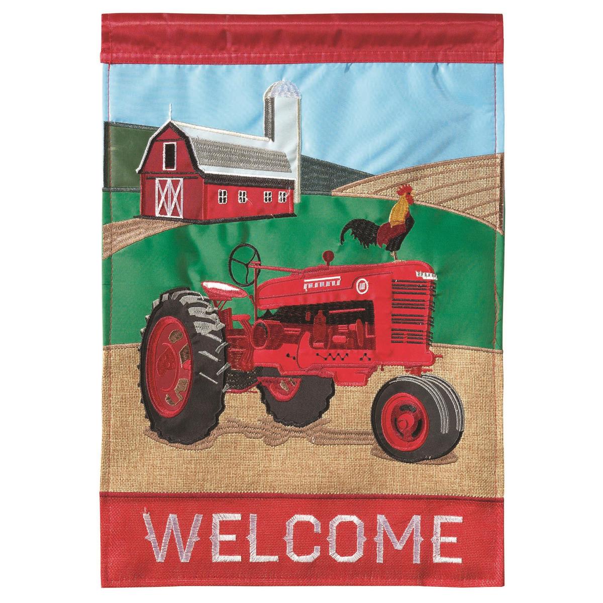 Tractor Welcome Polyester 29x42 Flag featuring double applique design, durable polyester, and vibrant embroidery for rustic outdoor décor.